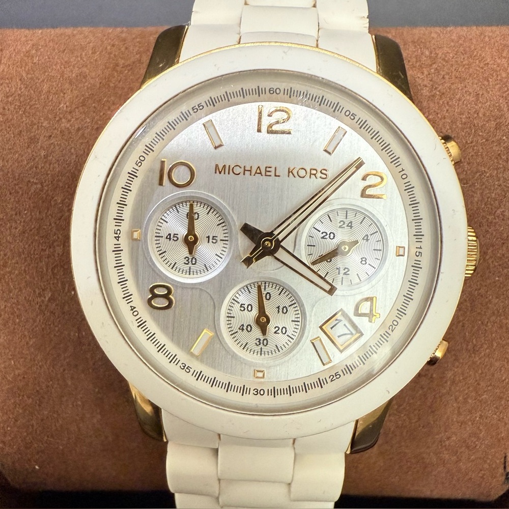 MICHAEL KORS MK5145 White Polyurethane Runway Chronograph 38mm Women’s Watch